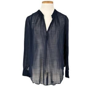 Raquel Allegra Sheer Top size 1 Small Navy Blue Mandarin Collar Henley